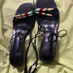 Colorful Beaded Black Women's Sandals